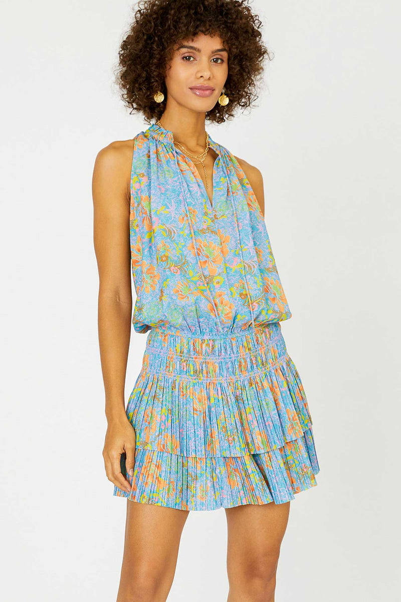 Cara Floral Sleeveless Pleated Mini Dress | Blue Orange