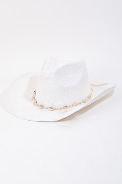 Seashell Straw Weave Cowboy Hat | White