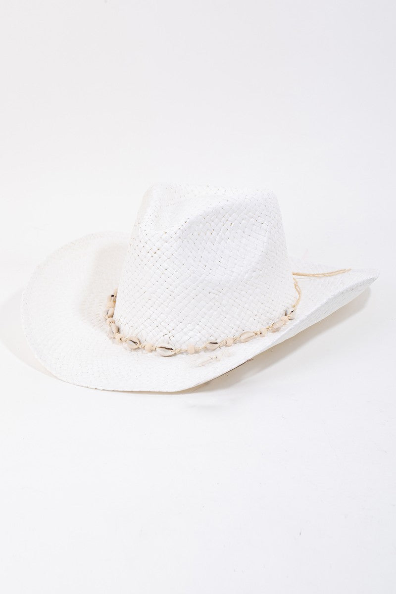 Seashell Straw Weave Cowboy Hat | White