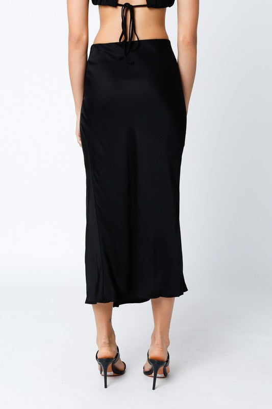 Natasha High Slit Satin Midi Skirt | Black