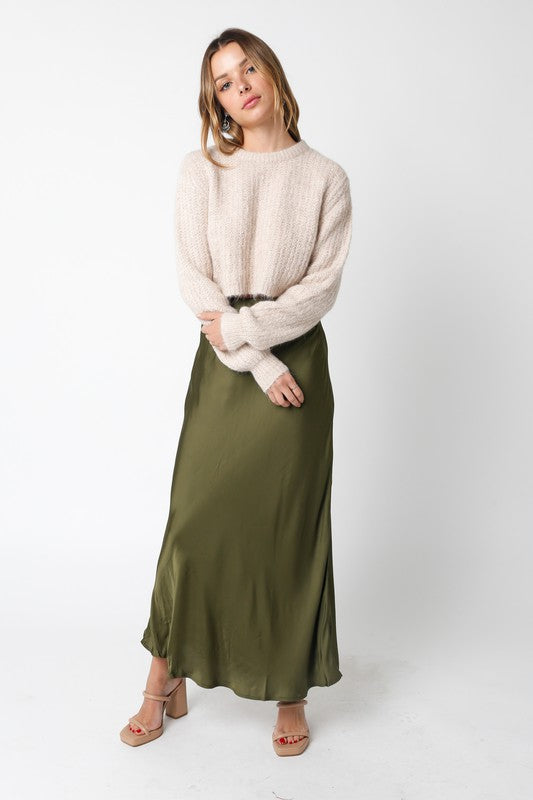 Bella Satin Maxi Skirt | Olive Green