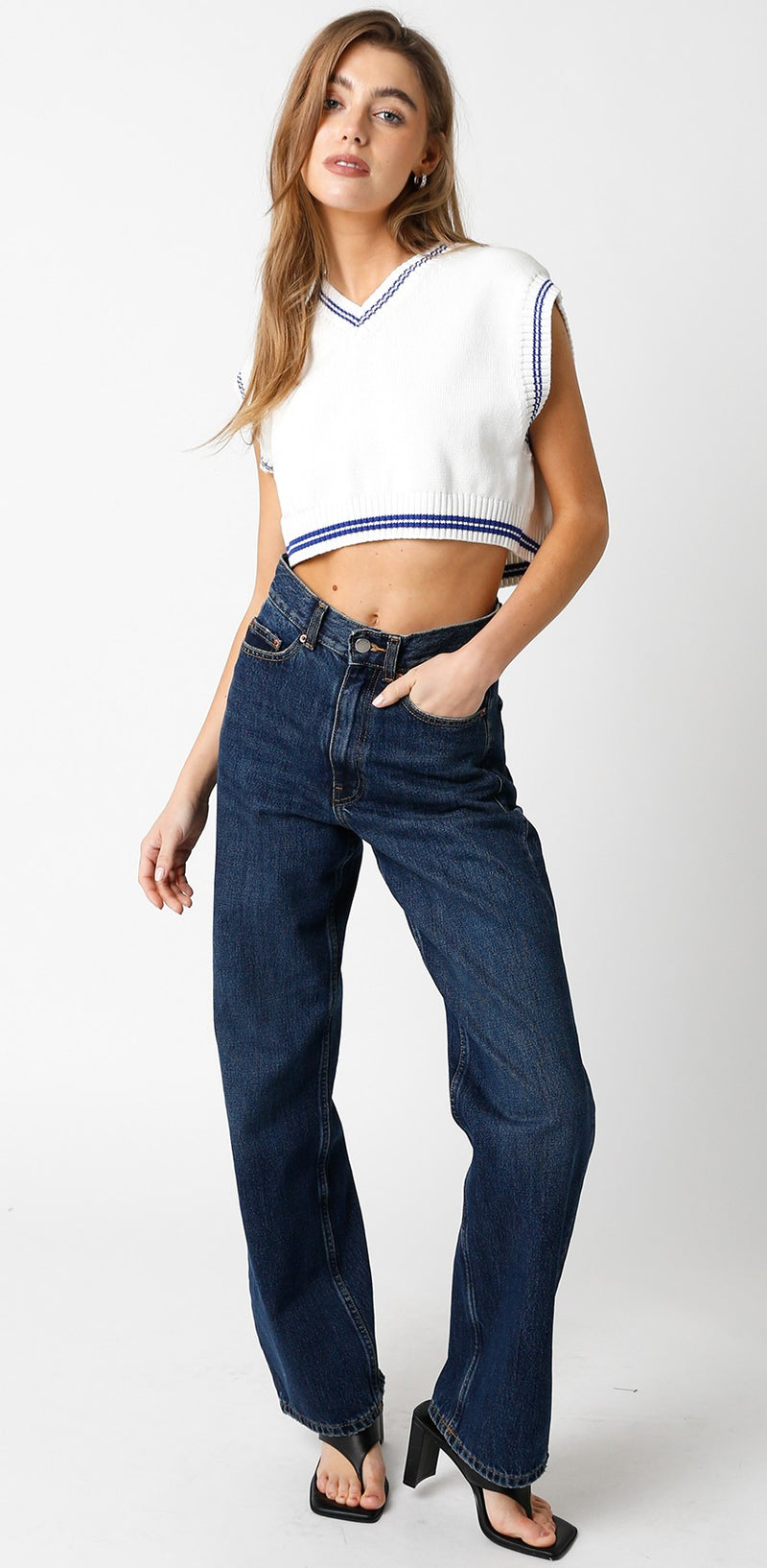 Naomi Cropped Sweater Top | White Blue