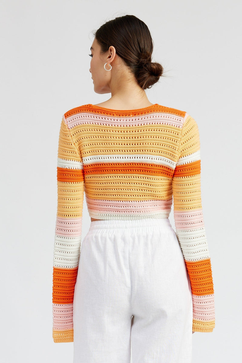 Sammy Striped Crochet Bell Sleeve Cropped Sweater
