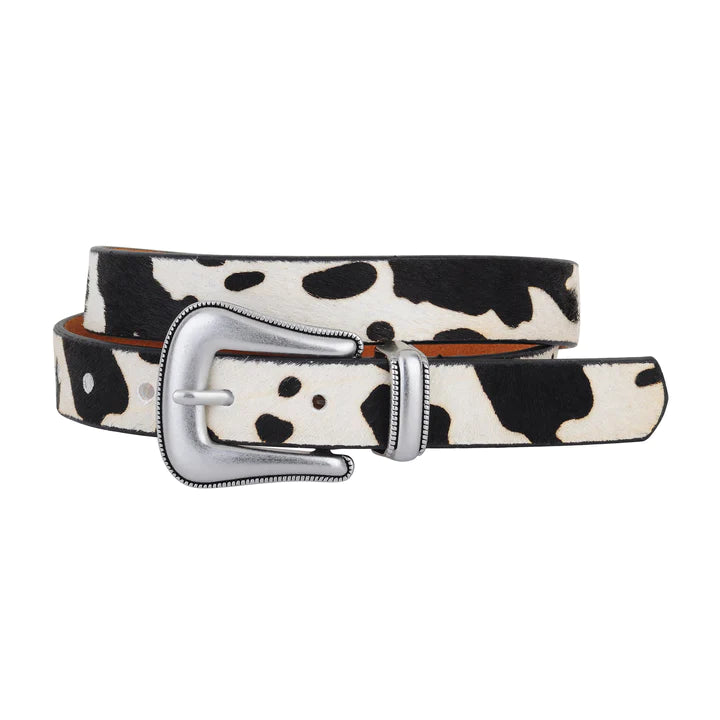 Lucinda Cow Print Calf Hair Western Belt | Black & White