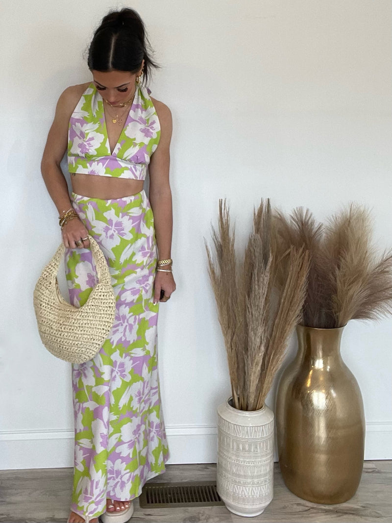 Kira Satin Floral Flares Maxi Skirt | Lime & Lilac