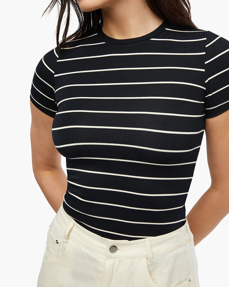WeWoreWhat | Striped Fitted Crew Neck Top | Black & Antique White