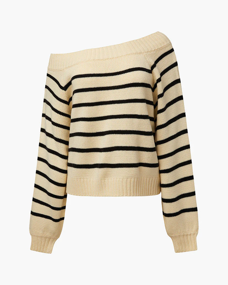 WeWoreWhat | Striped Off Shoulder Sweater | Black & Antique White