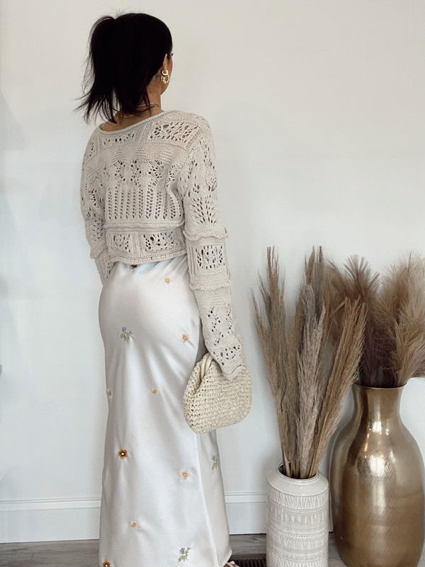 Sasha Satin Floral Embroidery Midi Skirt