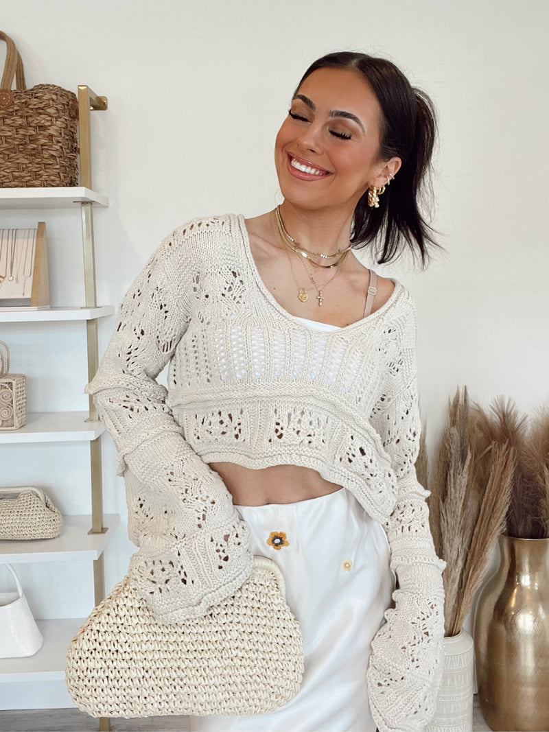 Marcella Crochet Bell Sleeve Cropped Sweater