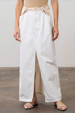 Two Tone Denim Front Slit Maxi Skirt | White