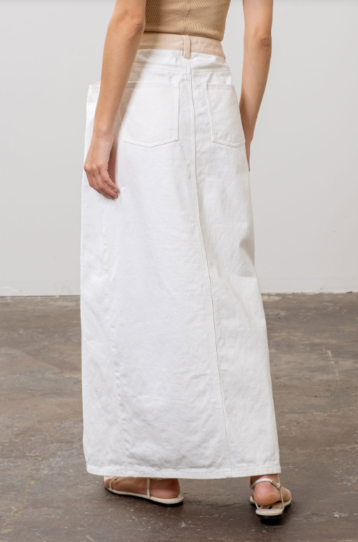 Two Tone Denim Front Slit Maxi Skirt | White