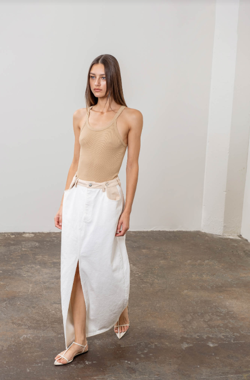 Two Tone Denim Front Slit Maxi Skirt | White