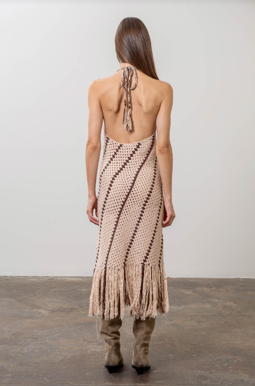 Billie Crochet Fringe Knit Midi Dress | Taupe