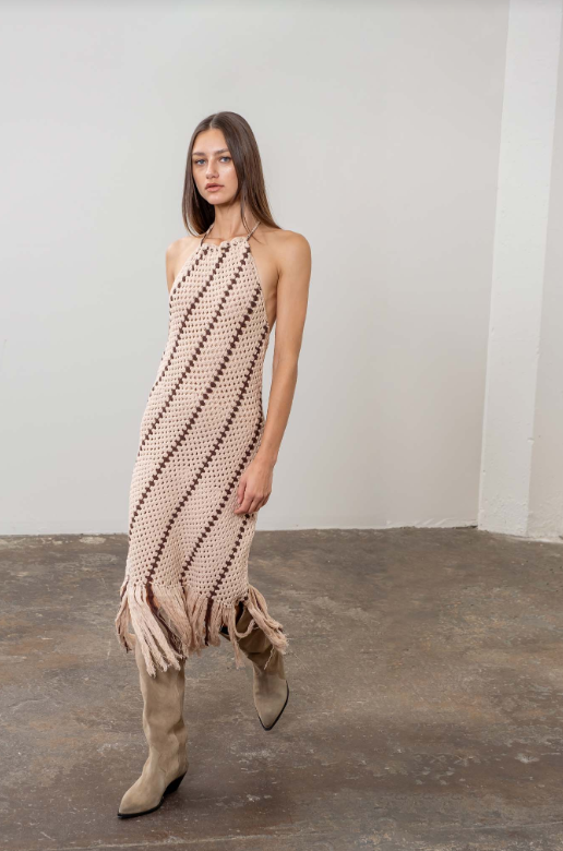 FINAL SALE Billie Crochet Fringe Knit Midi Dress | Taupe