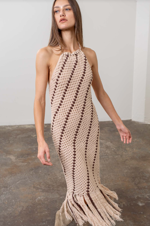 Billie Crochet Fringe Knit Midi Dress | Taupe