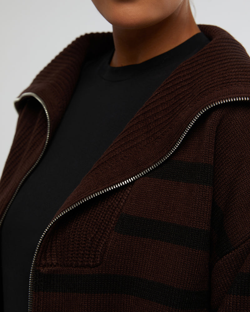 WeWoreWhat | Striped Sweater Zip Up | Umber & Black