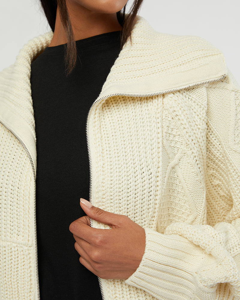 WeWoreWhat | Chunky Cable Knit Zip Up Sweater | Ecru