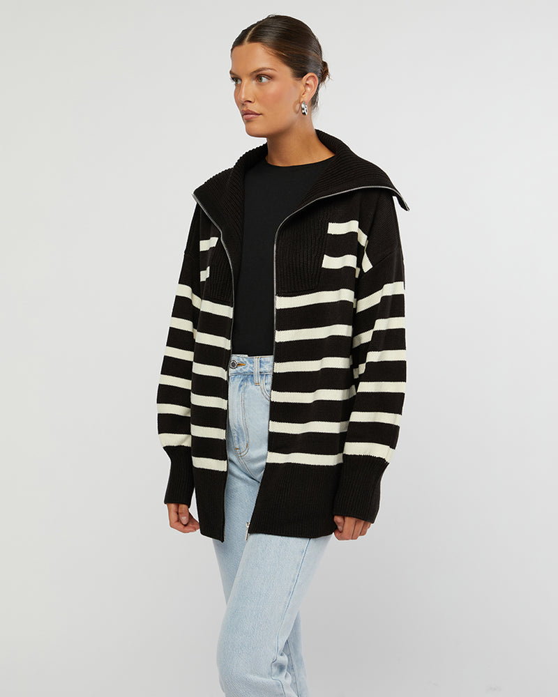 WeWoreWhat | Striped Sweater Zip Up | Black & Ecru