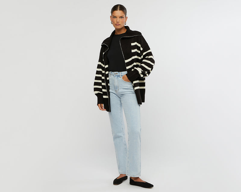 WeWoreWhat | Striped Sweater Zip Up | Black & Ecru