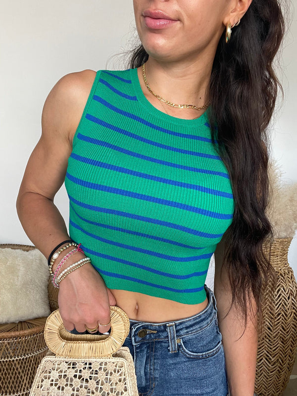 Lexi Striped Rib Knit Tank Top | Green & Blue