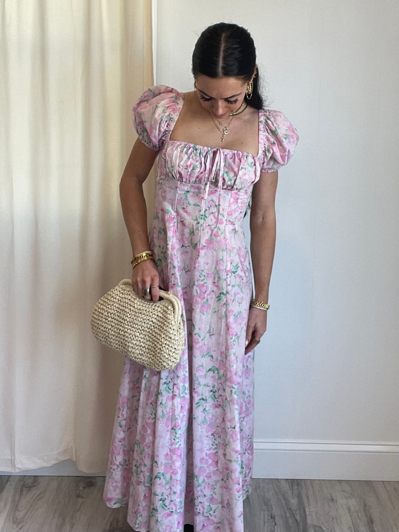 Gigi Floral Puff Sleeve Midi Dress | Pink