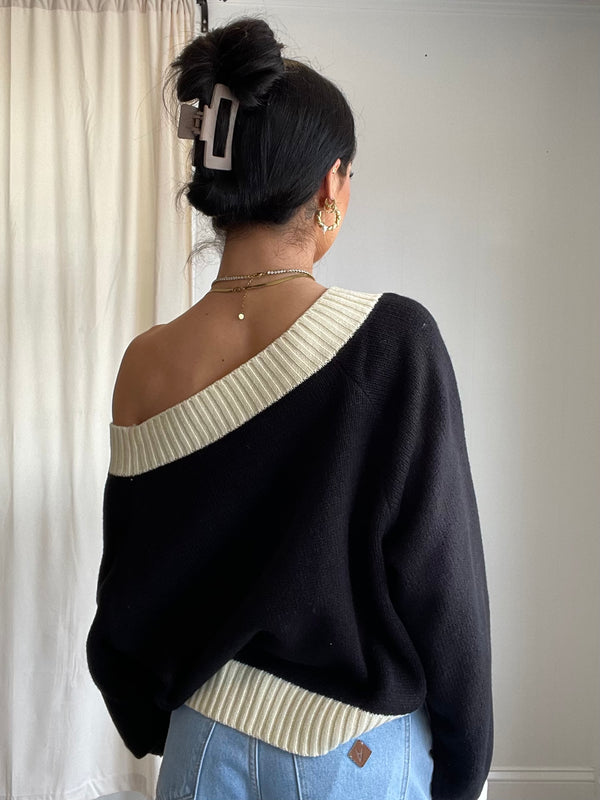 WeWoreWhat | Off Shoulder Sweater | Black & Antique White