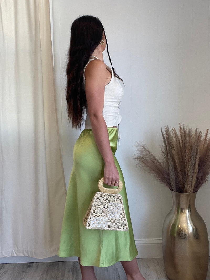 Adonia Satin Midi Slip Skirt | Lime Green