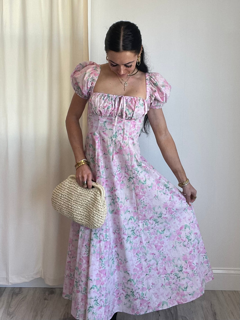 Gigi Floral Puff Sleeve Midi Dress | Pink