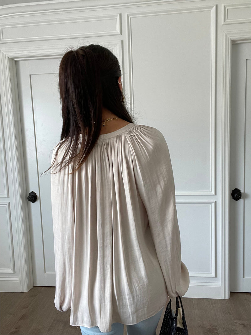 Current Air | Rene Gathered Split Neck Blouse | Taupe FINAL SALE
