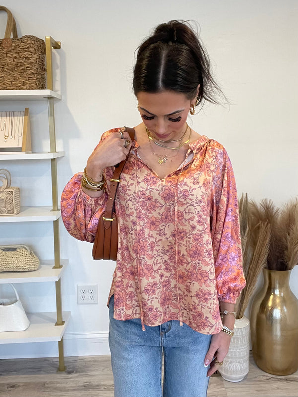 April Floral Puff Sleeve Top | Coral