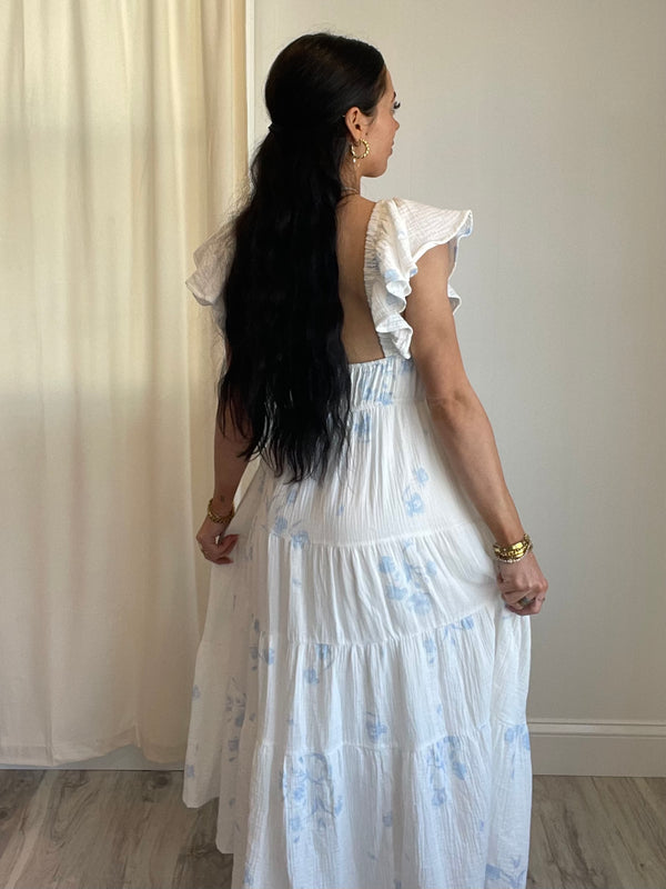 Manu Floral Sun Dress | White & Blue