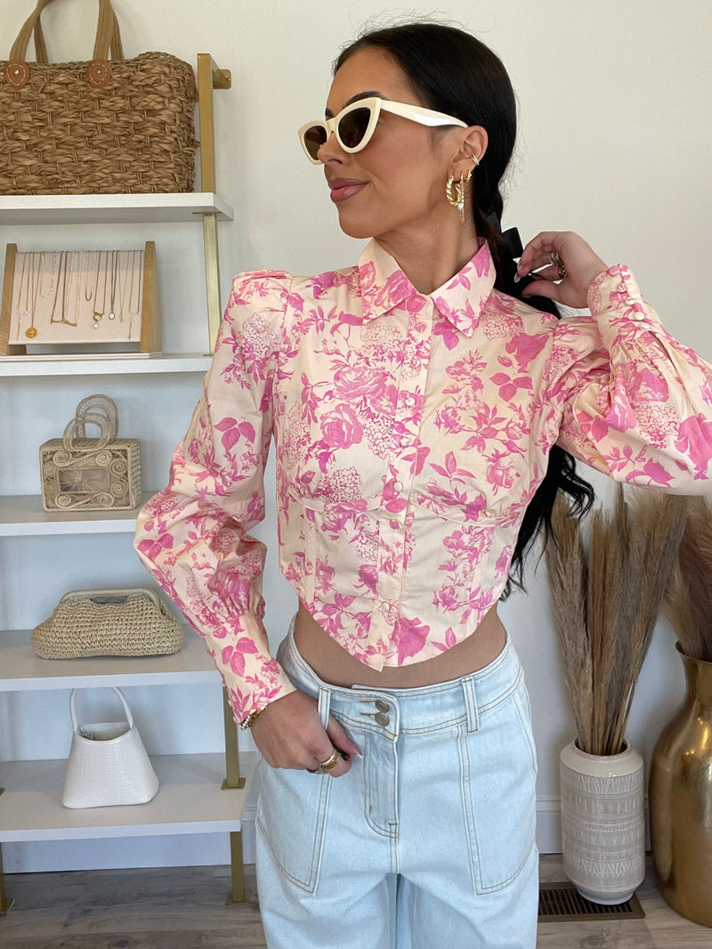 Fiona Floral Puff Sleeve Corset Top | Pink