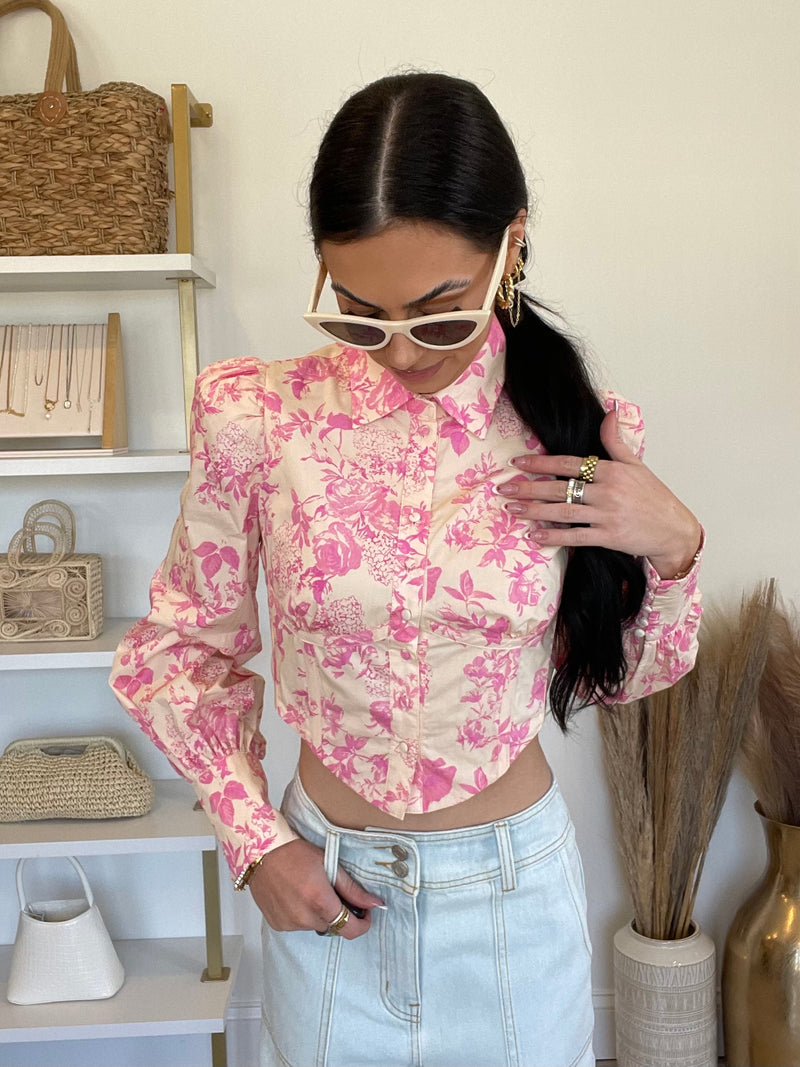 Fiona Floral Puff Sleeve Corset Top | Pink