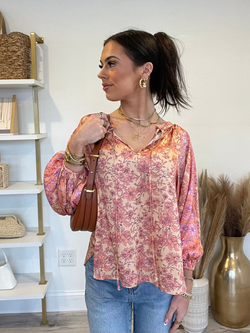 April Floral Puff Sleeve Top | Coral