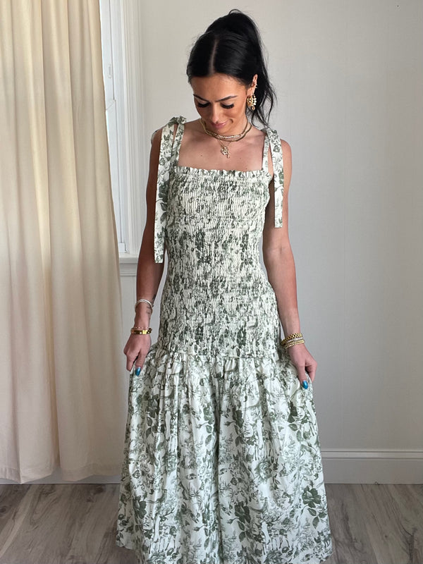 Ellie Floral Smocked Drop Waist Midi Dress | Sage