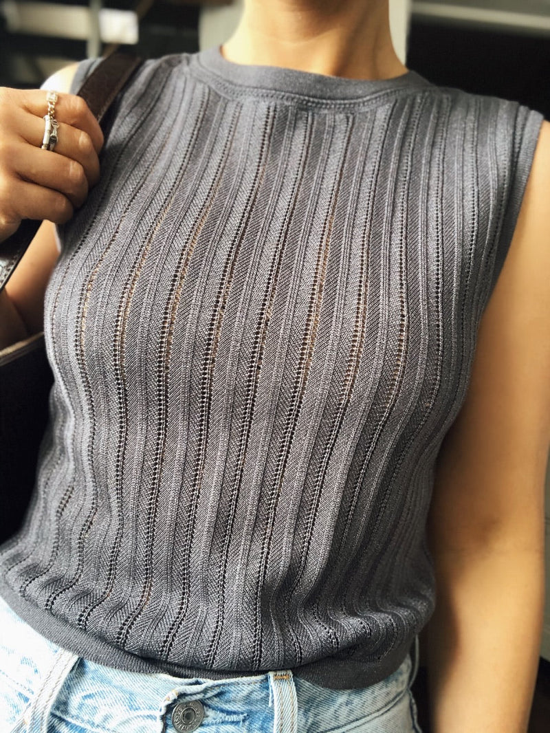 Cali Cross-Back Crochet Knit Tank Top - Gray | amannequin | amqn boutique