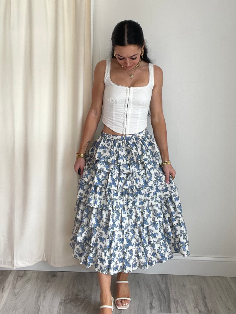 Kendall Tiered Ruffle Midi Skirt | Blue & White
