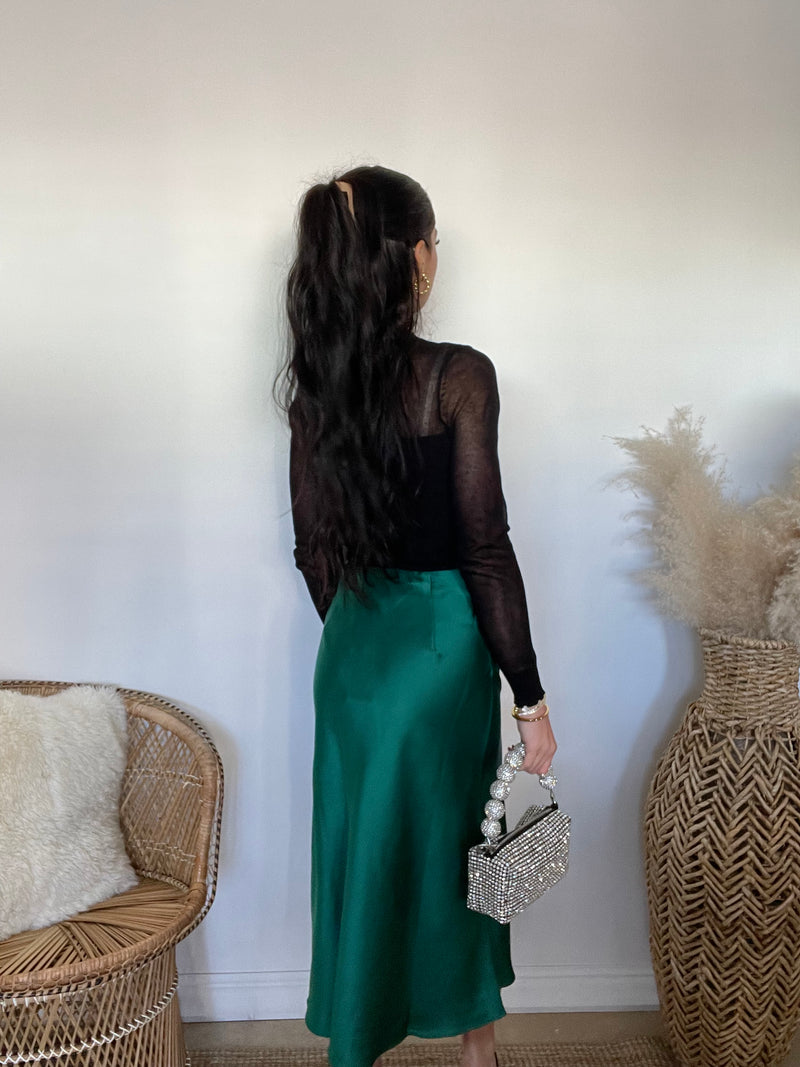 Maddie Satin Midi Skirt | Emerald Green