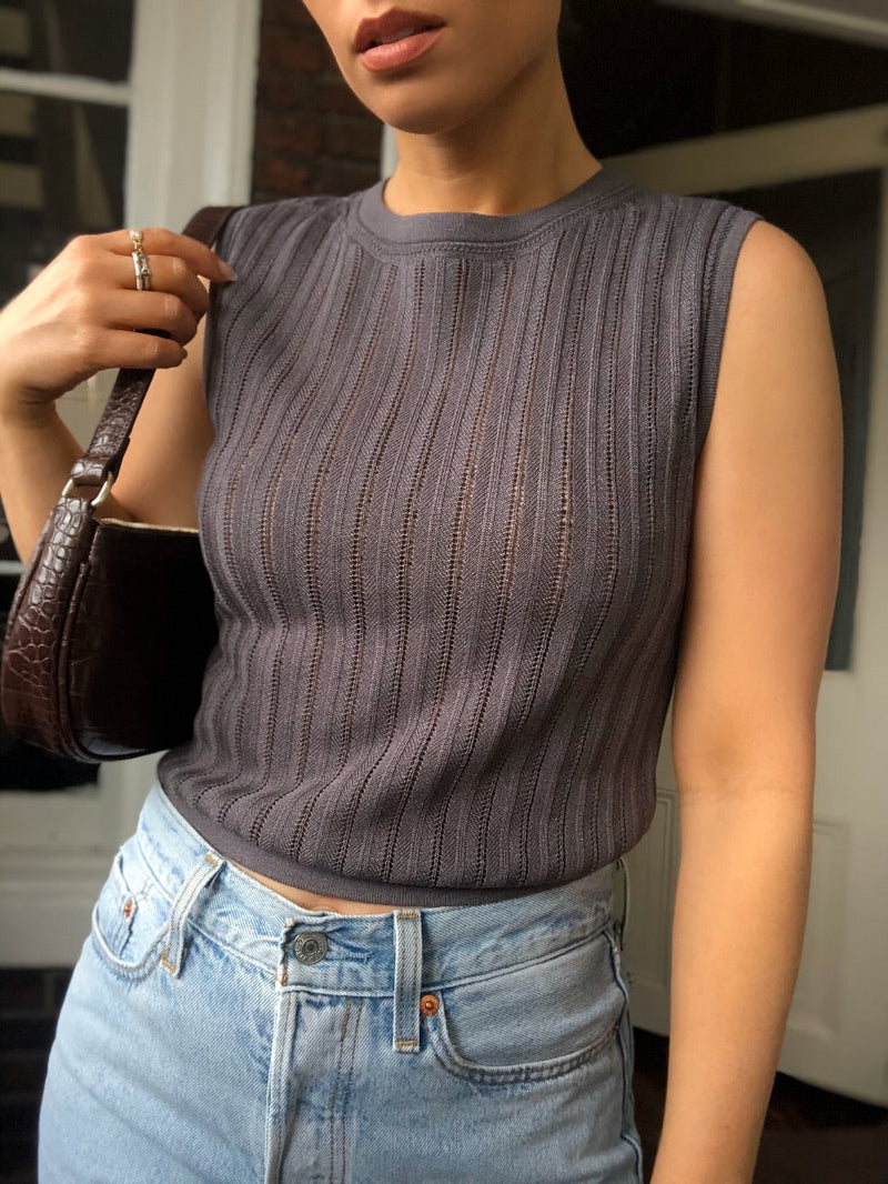 Cali Cross-Back Crochet Knit Tank Top - Gray | amannequin | amqn boutique