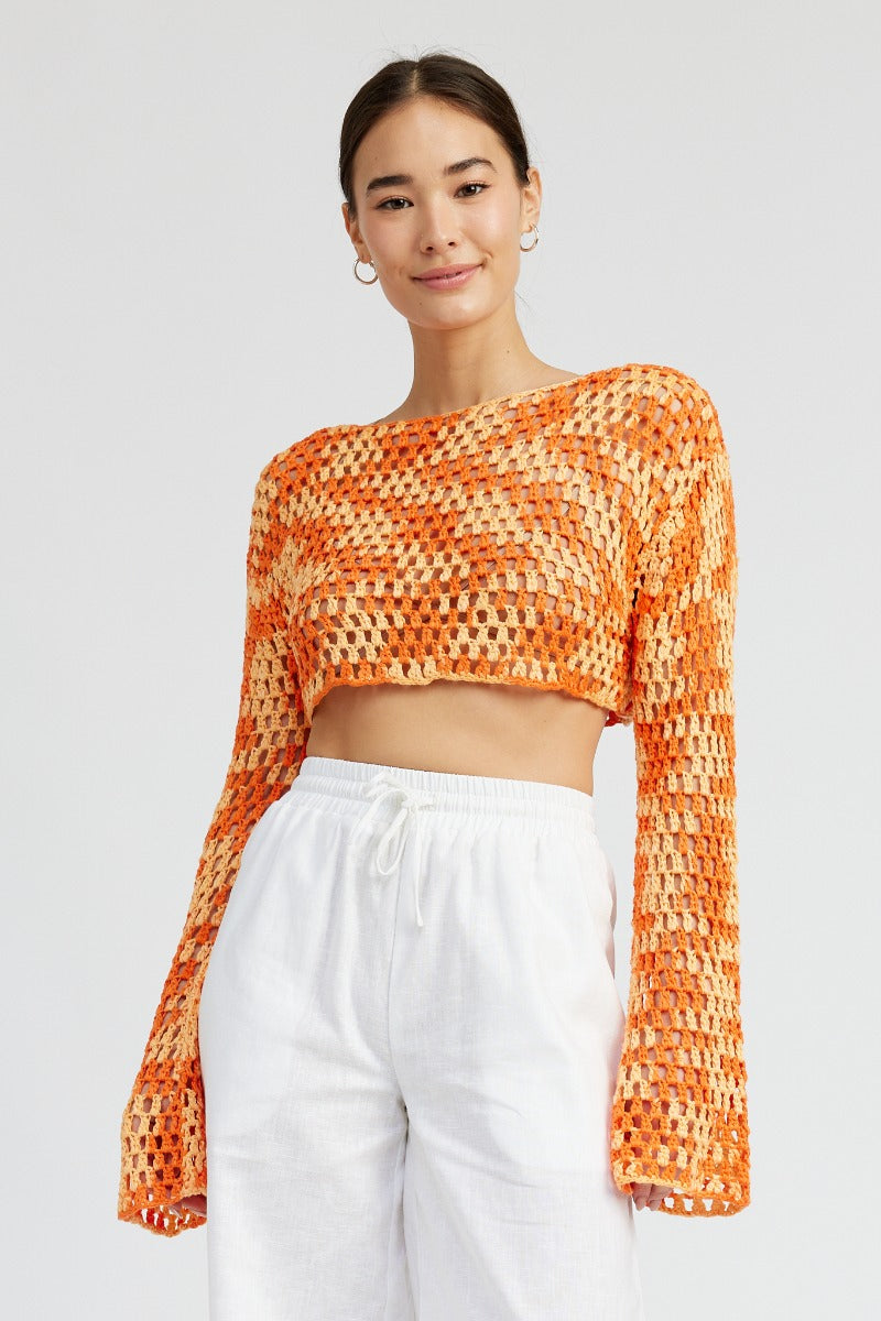 Akari Crochet Bell Sleeve Cropped Sweater