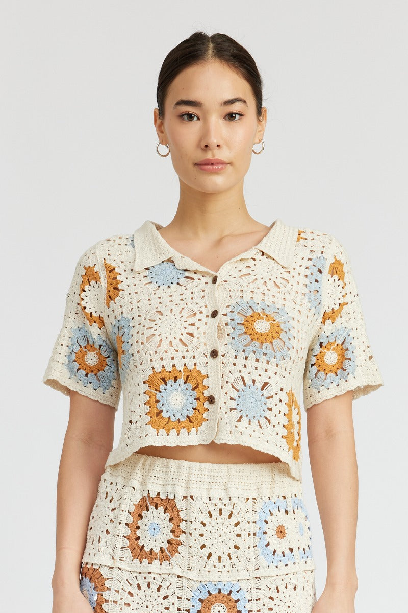 Alina Crochet Cropped Button Up Top