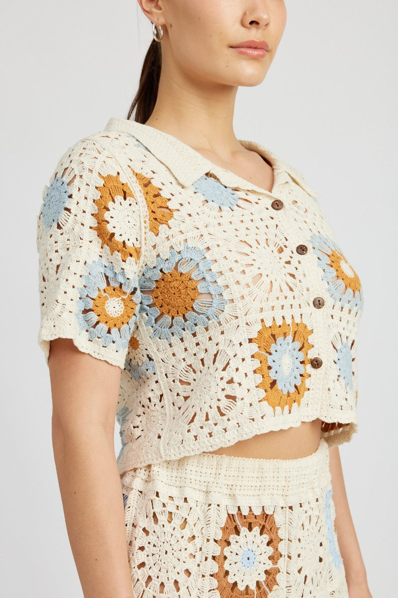 Alina Crochet Cropped Button Up Top
