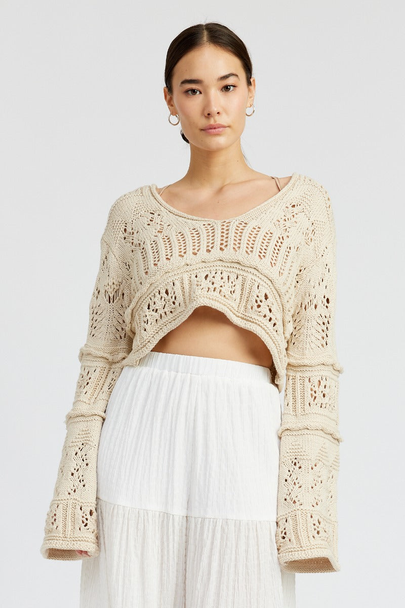 Marcella Crochet Bell Sleeve Cropped Sweater