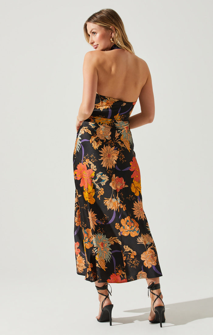ASTR the Label | Marissa Satin Halter Dress | Black Orange Floral
