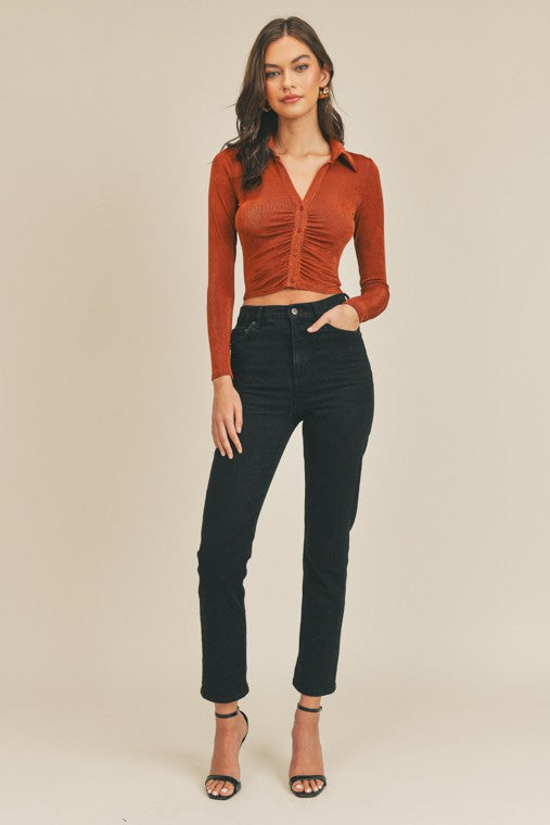 FINAL SALE Tina Long Sleeve Cropped Button Down Top | Rust Brown