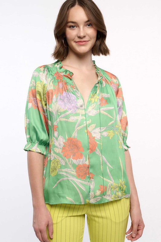 Millie Green Floral Short Sleeve Tie Front Satin Top | Current Air