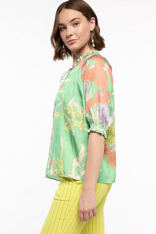 Millie Green Floral Short Sleeve Tie Front Satin Top | Current Air