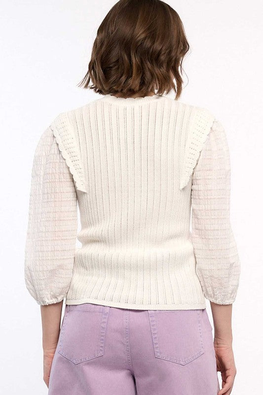 Natasha Scallop Edge Ribbed Contrast Sleeve Sweater | White