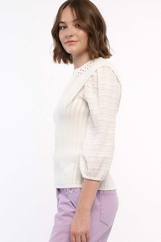 Natasha Scallop Edge Ribbed Contrast Sleeve Sweater | White