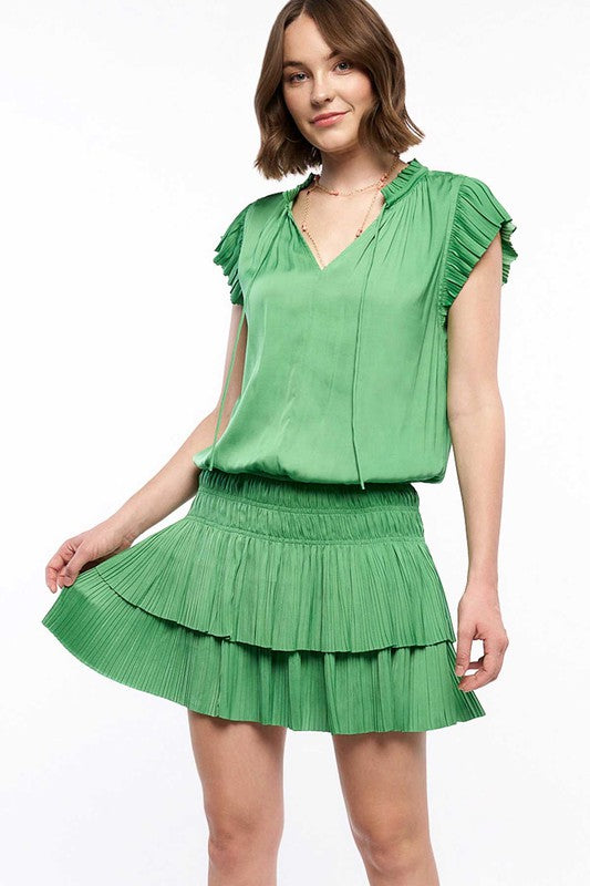 Koko Flutter Sleeve Pleated Mini Dress | Green